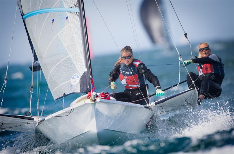 Big winds for the FX fleet on day 5 of the 49er Worlds in Portugal photo copyright Maria Muina / www.sailingshots.es taken at Clube de Vela Atlântico and featuring the 49er FX class