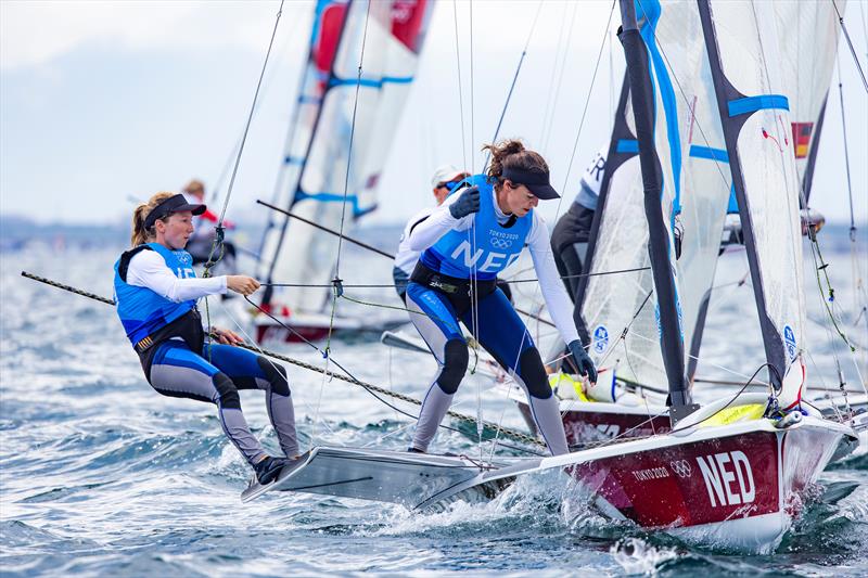 Annemiek Bekkering and Annette Duetz (NED) in the Women's 49erFX on Tokyo 2020 Olympic Sailing Competition Day 6 photo copyright Sailing Energy / World Sailing taken at  and featuring the 49er FX class