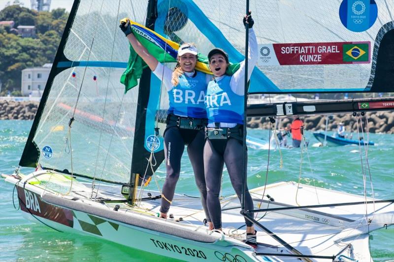 Women's 49er FX Gold for Martine Grael and Kahena Kunze (BRA) at the Tokyo 2020 Olympic Sailing Competition photo copyright Sailing Energy / World Sailing taken at  and featuring the 49er FX class