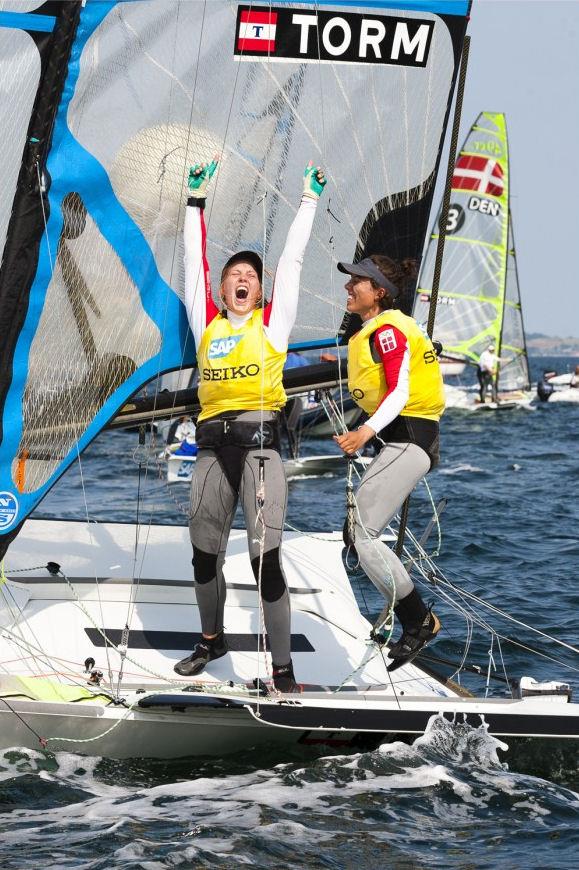Gold for Ida Marie Baad Nielsen and Marie Thusgaard Olsen at the SAP 49er and 49er FX Europeans 2013 photo copyright Mick Anderson / www.sailingpix.dk taken at Sailing Aarhus and featuring the 49er FX class