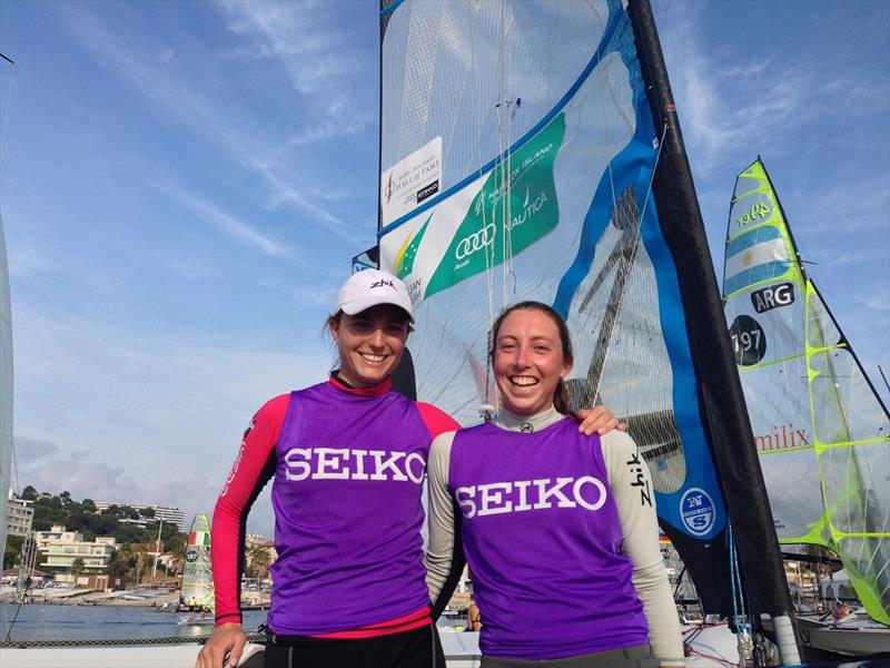 Cailtin Elks and Olivia Price with the Queen of the Downwind bib at the 2013 SEIKO 49er & 49erFX World Championships photo copyright 49er World Championships taken at Yachting Club De La Pointe Rouge and featuring the 49er FX class