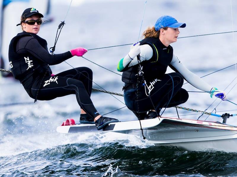 Amelia Stabback and Ella Clark - Oceanbridge NZL Sailing Regatta 2018 photo copyright Pedro Martinez taken at Murrays Bay Sailing Club and featuring the 49er FX class