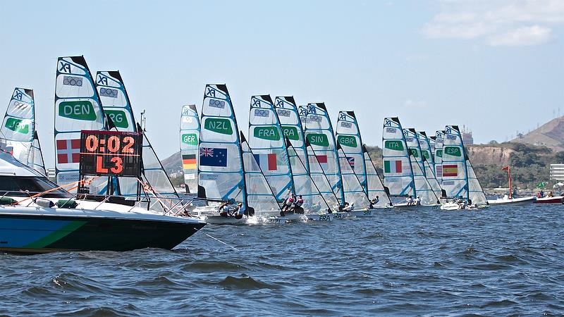 Alex Maloney and Molly Meech (NZL) - Start of a race in the Qualifiers - 49erFX - Rio Olympic Regatta photo copyright Richard Gladwell taken at  and featuring the 49er FX class