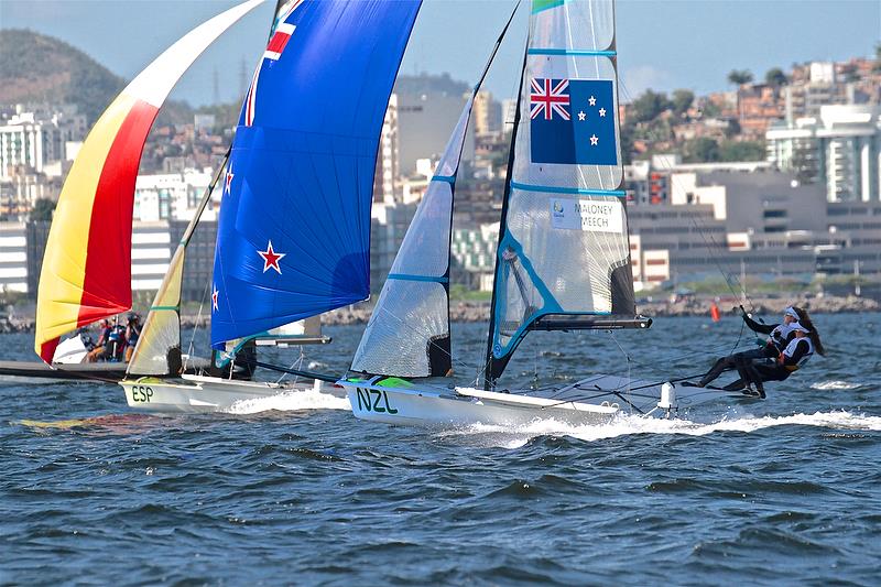 Alex Maloney and Molly Meech (NZL) approach the finish in a Qualifier - 49erFX - Rio Olympic Regatta photo copyright Richard Gladwell taken at  and featuring the 49er FX class