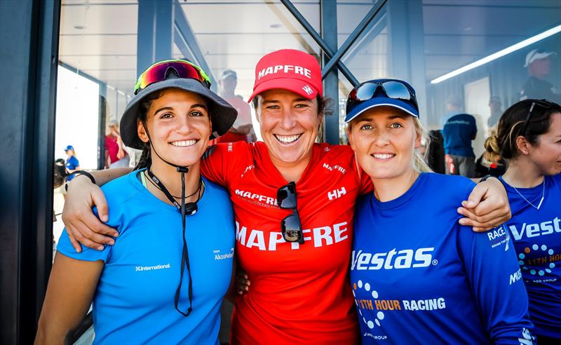 Three teams - three 49erFX sailors - Martine Grael (BRA), Tamara Echegoyen Dominguez (ESP), Jena Mai Hansen (DEN) - pictured before the start of the Volvo Ocean Race photo copyright Jesus Renedo / Volvo Ocean Race taken at  and featuring the 49er FX class