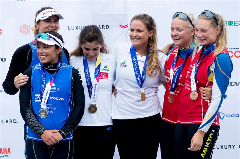 49er FX podium at the Sailing World Cup, Enoshima photo copyright Jesus Renedo / Sailing Energy / World Sailing taken at  and featuring the 49er FX class