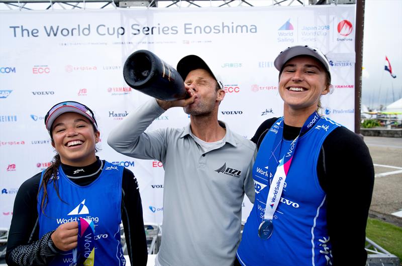 Alex Maloney, Nathan Handley (coach) and Molly Meech - 49er- NZL - Sailing World Cup Enoshima, August 2018 - photo © Sailing Energy