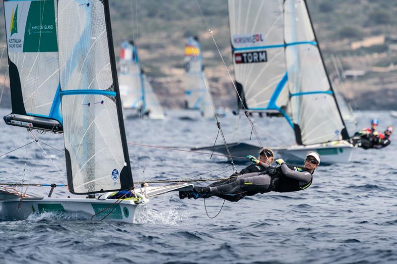 Tessa Lloyd and Jaime Ryan on the wire in the 49erFX- Princess Sofia Trophy 2019 - photo © Beau Outteridge