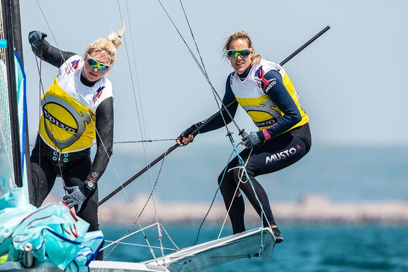 Charlotte Dobson and Saskia Tidey on day 3 of the Volvo 49er, FX, Nacra, European Championships photo copyright Nick Dempsey / RYA taken at Weymouth & Portland Sailing Academy and featuring the 49er FX class