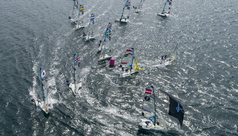 Aerial view of 49erFX fleet - 2019 Nacra 17, 49er and 49er FX European Championship photo copyright Lloyd Images taken at Weymouth & Portland Sailing Academy and featuring the 49er FX class