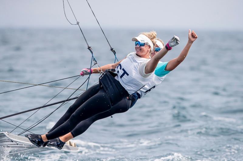 Helene Næss and Marie Rønningen (NOR) win the medal race and secure second overall at Ready Steady Tokyo Sailing 2019 photo copyright Jesus Renedo / Sailing Energy / World Sailing taken at  and featuring the 49er FX class