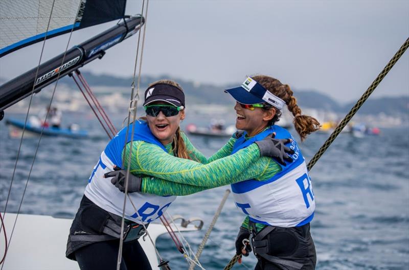 Brazil's Kahena Kunze (L) and Martine Grael celebrate their win at Ready Steady Tokyo photo copyright Jesus Renedo / Sailing Energy / World Sailing taken at  and featuring the 49er FX class