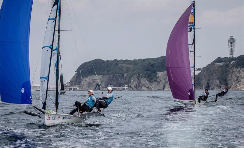 49erFX training ahead of racing - Hempel World Cup Series Enoshima photo copyright Sailing Energy / World Sailing taken at  and featuring the 49er FX class