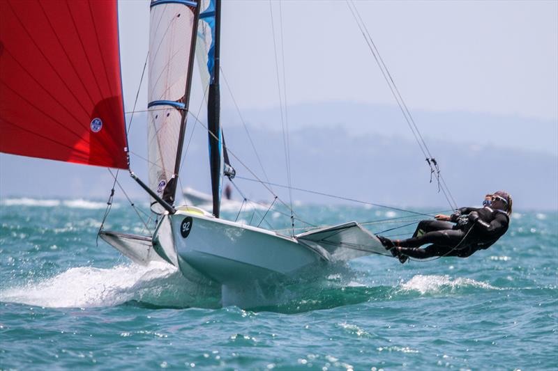 Paris Henken, Anna Tobias (USA) - series leader - 49er FX - Hyundai Worlds - Day 2 , December 4, 2019, Auckland NZ photo copyright Richard Gladwell / Sail-World.com taken at Royal Akarana Yacht Club and featuring the 49er FX class