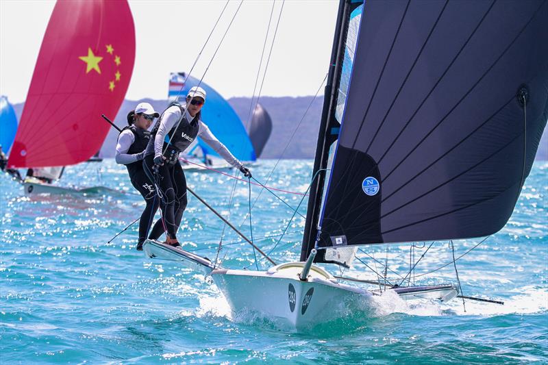 49er FX - Kimberley Lim and Cecilia Low (SGP) Race 2 - Hyundai Worlds - Day 2 , December 4, 2019, Auckland NZ photo copyright Richard Gladwell / Sail-World.com taken at Royal Akarana Yacht Club and featuring the 49er FX class