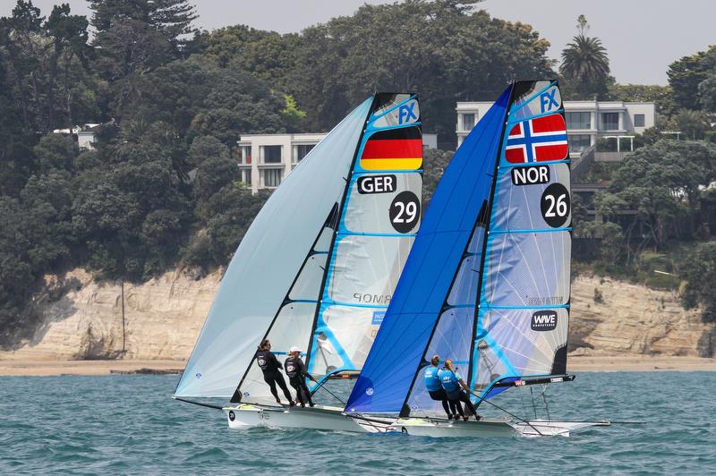 Tina Lutz & Susann Beucke (GER) ahead of Helene Naeaa & Maries Ronningen (NOR) - 49er FX - Hyundai Worlds - Day 4, December 6, , Auckland NZ photo copyright Richard Gladwell / Sail-World.com taken at Royal Akarana Yacht Club and featuring the 49er FX class