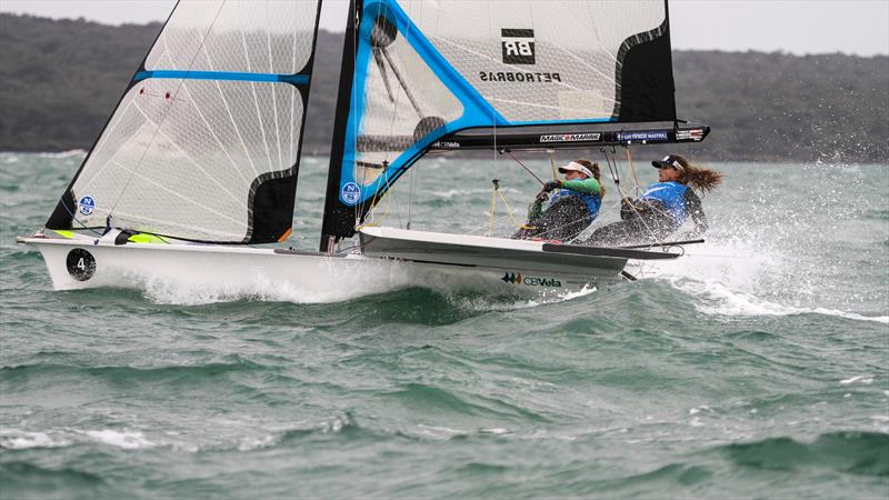 Spray and ponytails fly as Martine Grael and Kahena Kunze (BRA) power upwind in the Medal Race - 49er FX - Hyundai Worlds - December 2019 - photo © Richard Gladwell / Sail-World.com