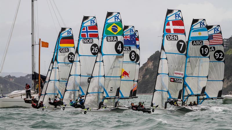 Start of 49er FX Medla Race - Hyundai Worlds - December 2019 photo copyright Richard Gladwell / Sail-World.com taken at Royal Akarana Yacht Club and featuring the 49er FX class