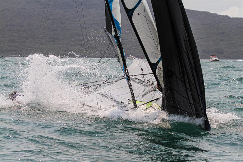 Molly Meech and Alex Maloney have a brief nosedive on the finish line of the final race in the Gold fleet - Hyundai 49erFX World Championships - December 2019 - photo © Richard Gladwell / Sail-World.com