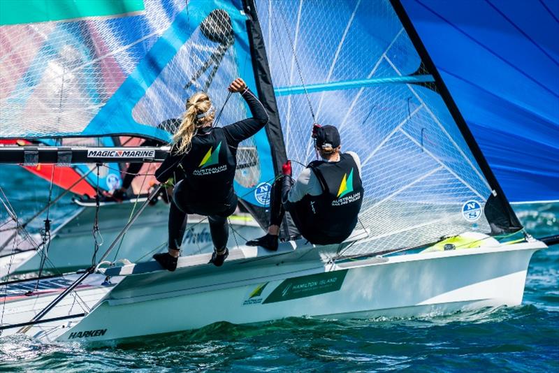 Tess Lloyd and Jaime Ryan - 2020 49er, 49er FX & Nacra 17 World Championships, Day 4 photo copyright Beau Outteridge taken at Royal Geelong Yacht Club and featuring the 49er FX class