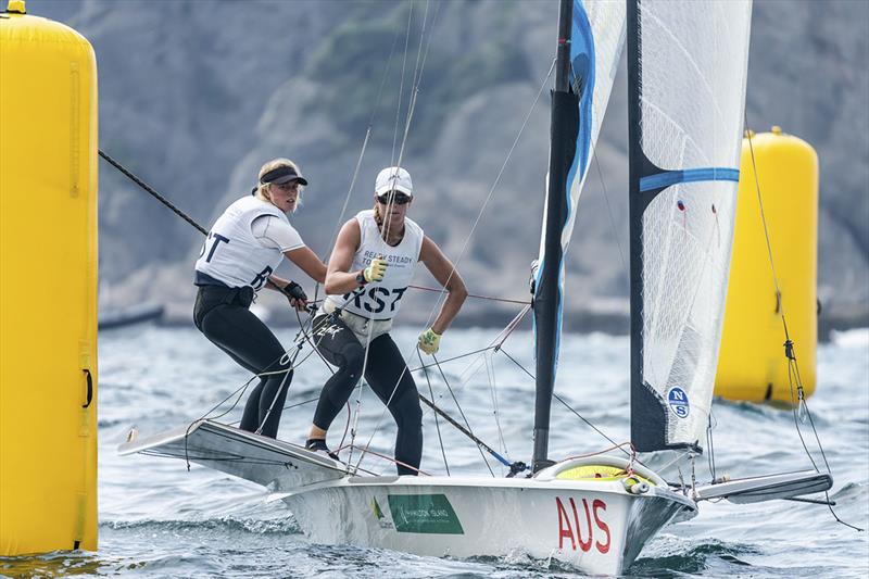 Tess Lloyd and Jaime Ryan from the Australian Sailing Team competing at Ready Steady Tokyo (Olympic Test Event) in Enoshima, Japan. 17-22 August 2019 photo copyright Beau Outteridge for Australian Sailing Team taken at  and featuring the 49er FX class