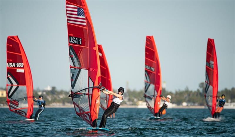 Farrah Hall (USA) in front at 2021 West Marine US Open Sailing – Miami photo copyright Allison Chenard taken at Miami Yacht Club and featuring the 49er FX class