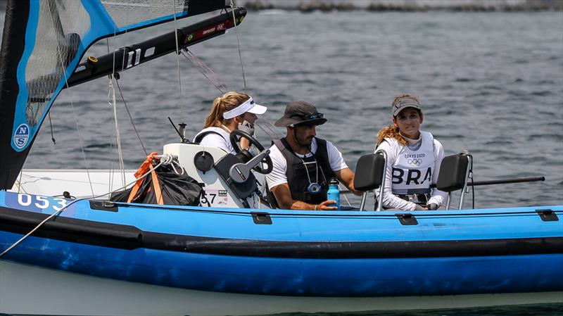 2016 Olymipic Gold medlaists in the 49erfx, Martine Grael and Kahena Kunze (BRA) talk with their coach, pre-race - Tokyo2020 - Day 7- July, 31, - Enoshima, Japan. - photo © Richard Gladwell / Sail-World.com / nz