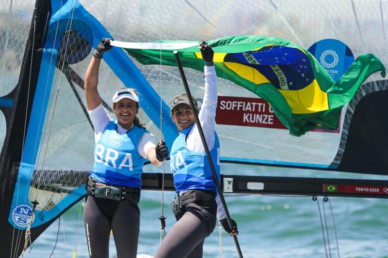 Kahena Kunze with Martine Grael (BRA) celebrate defending their Gold medals. - photo © Sailing Energy / World Sailing