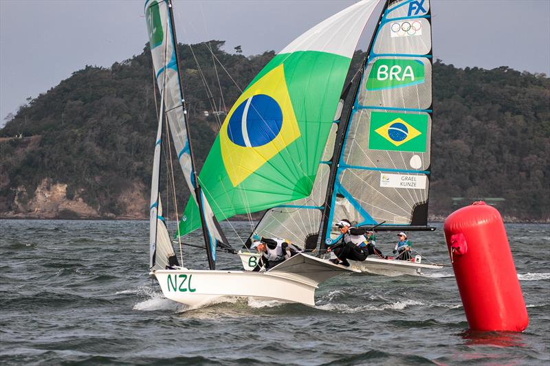 Alex Maloney and Molly Meech lead around the bottom mark for the final time - Medal Race - 49er FX - Rio 2016 - photo © Richard Gladwell 