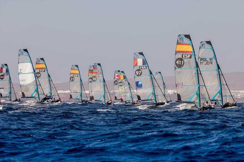 Finns Ronja Grönblom and Veera Hokka start in first place, followed by María Cantero from the Canary Islands and Patricia Suarez from Vigo - Lanzarote International Regatta 2022 photo copyright Sailing Energy taken at  and featuring the 49er FX class