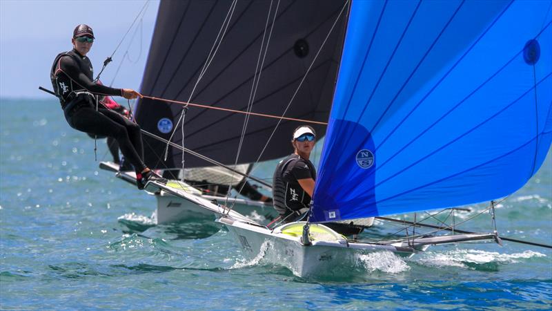 Jo Aleh and Molly Meech (49erFX) - Oceanbridge NZL Sailing Regatta - Day 4 - Takapuna BC February 20, 2022 photo copyright Richard Gladwell - Sail-World.com/nz taken at Takapuna Boating Club and featuring the 49er FX class