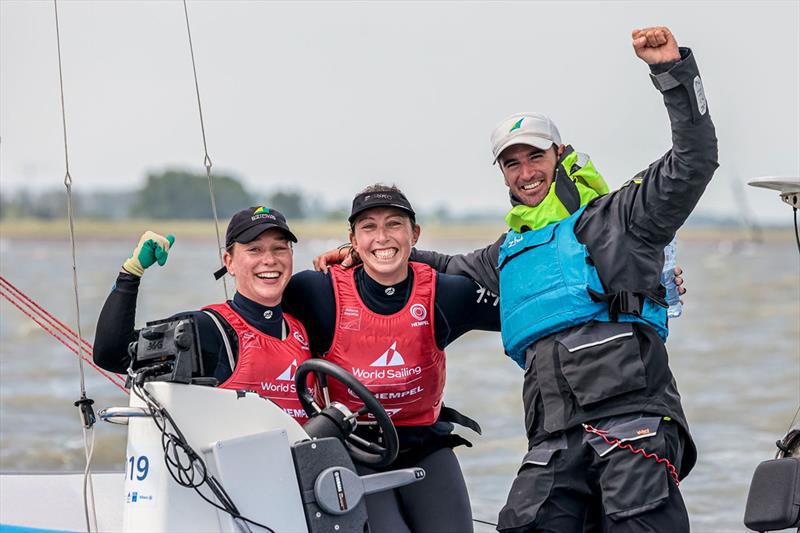 Olivia Price and Evie Haseldine with Coach Victor Paya - Hempel World Cup Series Allianz Regatta photo copyright Sailing Energy / Hempel World Cup Series Allianz Regatta taken at  and featuring the 49er FX class