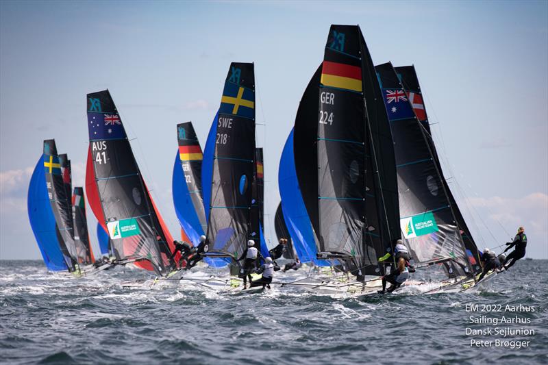 49er FX fleet on day 2 of the 49er, 49erFX & Nacra 17 European Championships in Aarhus, Denmark photo copyright Peter Brogger taken at Sailing Aarhus and featuring the 49er FX class