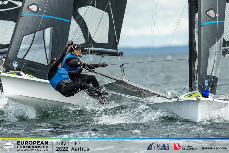 Grael and Kunze (BRA) setting up for a bearaway - 2022 49er, 49erFX and Nacra 17 European Championships photo copyright Peter Brogger taken at  and featuring the 49er FX class