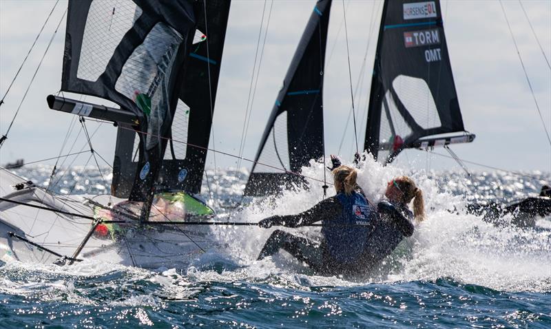 49er FX - Day 4 - European Championships - Aarhus, Denmark - July 2022 photo copyright Peter Brogger taken at Sailing Aarhus and featuring the 49er FX class