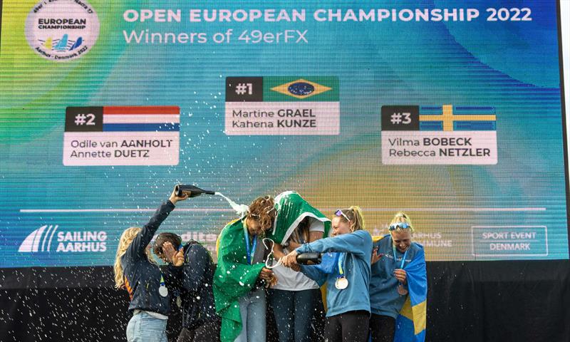 49er FX medalists celebrate - Day 6 - European Championships - Aarhus, Denmark - July 2022 - photo © Peter Brogger