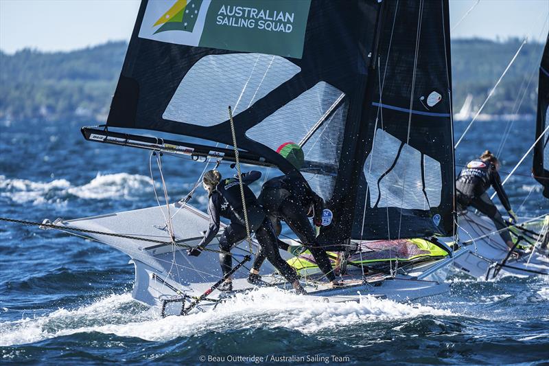 Tess Lloyd & Dervla Duggan (49erFX) competing at 49er, 49erFX & Nacra 17 World Championships in Hubbards, NS, Canada photo copyright Beau Outteridge taken at Hubbards Sailing Club and featuring the 49er FX class