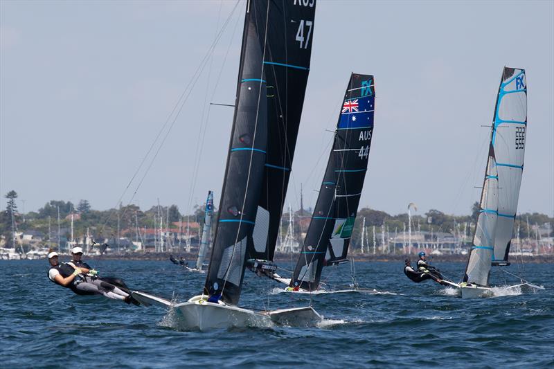 Laura Harding and Annie Wilmot leading the pack to the first mark. They are currently leading the 49erFX fleet after the first day of racing photo copyright A.J. McKinnon taken at Royal Brighton Yacht Club and featuring the 49er FX class
