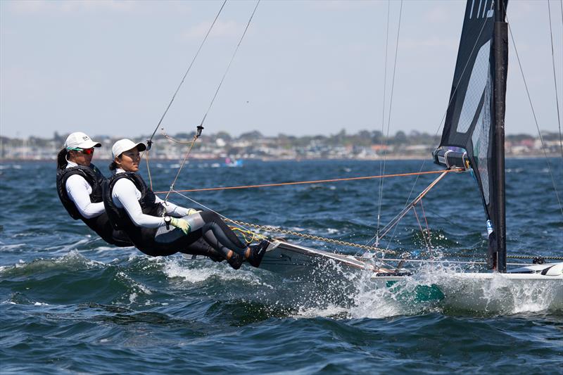 Saki Matsunae and Yuri Saito from NSW enjoying some of the conditions Port Phillip can offer photo copyright A.J. McKinnon taken at Royal Brighton Yacht Club and featuring the 49er FX class