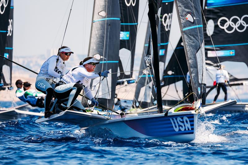 Stephanie Roble (East Troy, WI) and Maggie Shea (Chicago, IL) battled light breeze to complete three races on the opening day of the regatta. The 49erFX duo are in 8th overall - photo © Sailing Energy / US Sailing Team