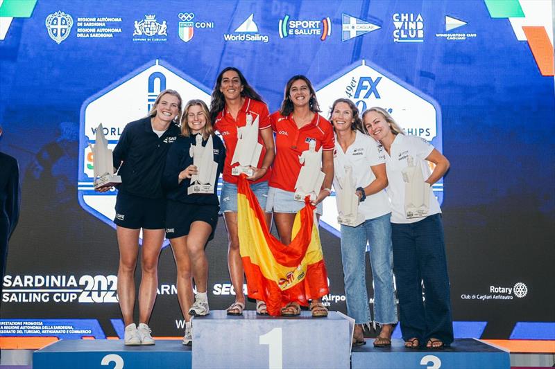 49erFX Podium (left to right) Silver to Vilma Bobeck and Ebba Berntsson (SWE), Gold to Paula Barcelo and Maria Cantero (ESP), Bronze to Antonia and Georgia Lewin LaFrance (CAN) - 49er & 49erFX and Nacra 17 World Championships, day 6 - photo © Sailing Energy