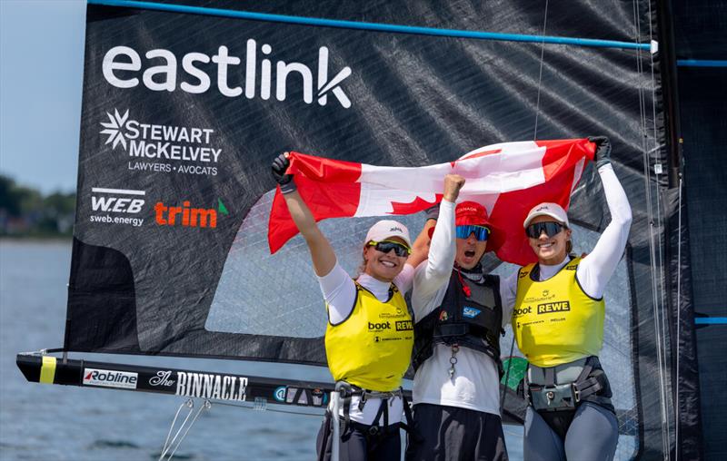 Canadian Kieler Woche champions Georgia und Antonia Lewin-Lafrance celebrated their victory in the 49erFX with their German coach Thomas Berg - photo © Felix Diemer / Kieler Woche