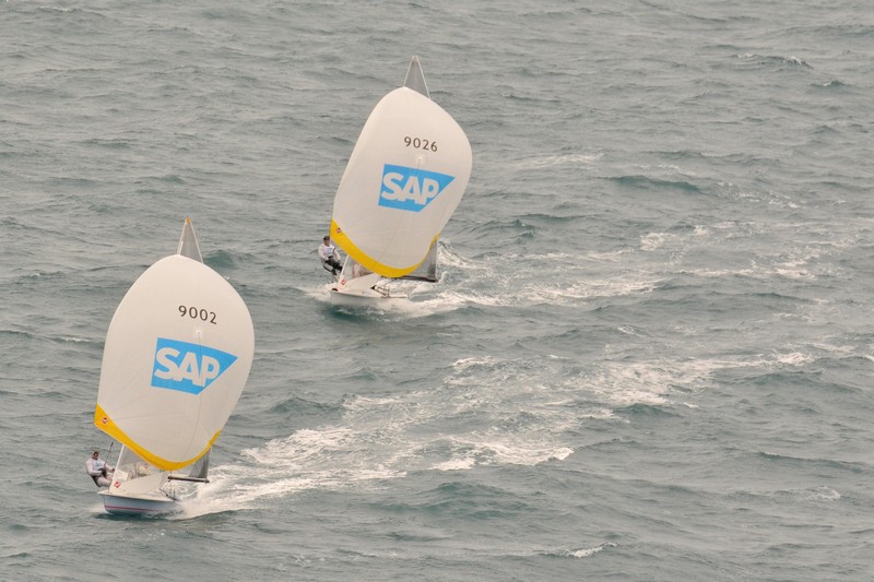Mike Holt & Carl Smit (USA) lead Hasso Plattner and Peter Alarie (GER) on day one of the SAP 2011 505 Worlds photo copyright Christophe Favreau taken at  and featuring the 505 class