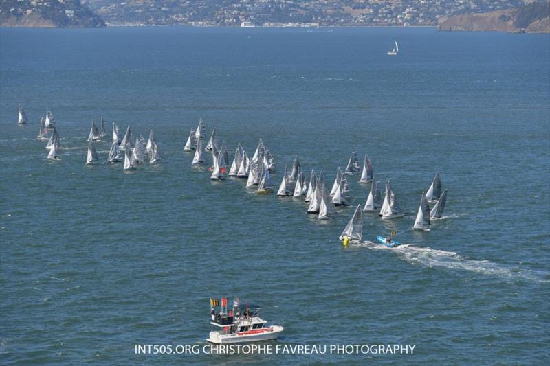 StFYC's Race Committee organized gate starts to accommodate the 60-strong fleet during the 2023 5O5 World Championship photo copyright Christophe Favreau / www.christophefavreau.com taken at St. Francis Yacht Club and featuring the 505 class