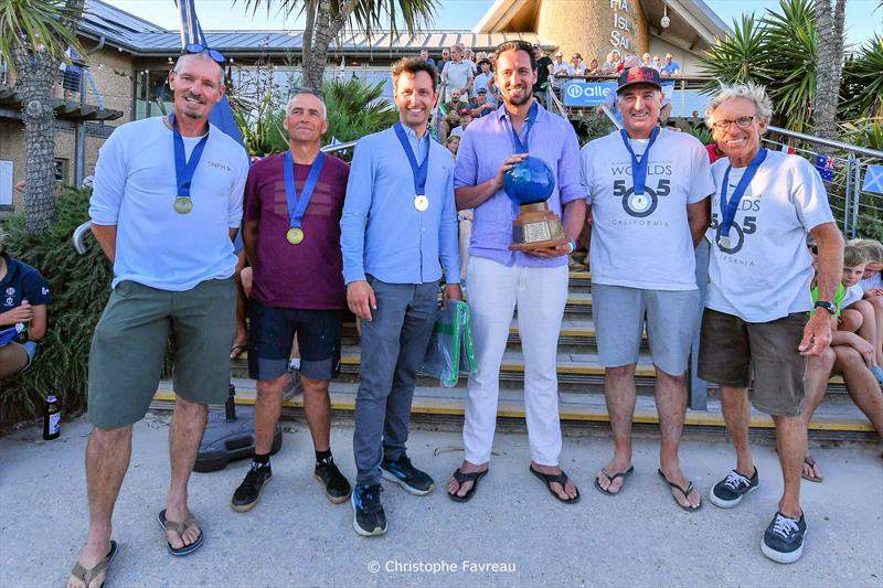 Top three boats (L-R) James Fawcett, Paul Brotherton, Jan-Philipp Hofmann, Felix Brockerhoff, Andy Zinn, Howie Hamlin - 2026 505 Worlds at Hayling Island photo copyright Christophe Favreau / www.christophefavreau.com taken at Hayling Island Sailing Club and featuring the 505 class