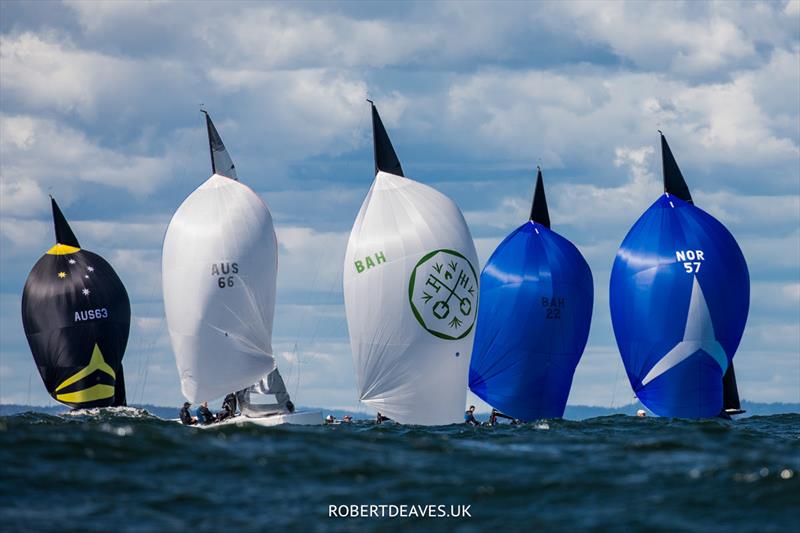 Close downwind during the 5.5 World Championship 2022 photo copyright Robert Deaves taken at Hankø Yacht Club and featuring the 5.5m class