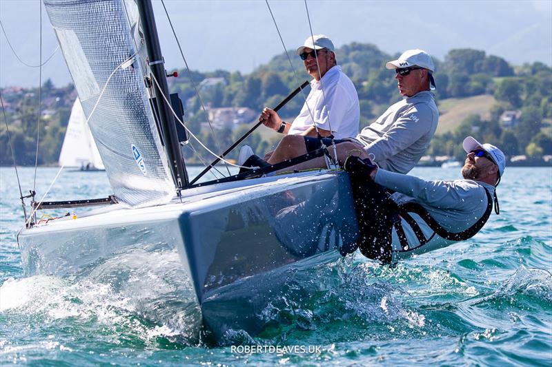 Dominique Lauener takes the helm on Artemis during the 5.5 Metre Joran Cup at Grandson photo copyright Robert Deaves / www.robertdeaves.uk taken at Cercle de la Voile de Grandson and featuring the 5.5m class