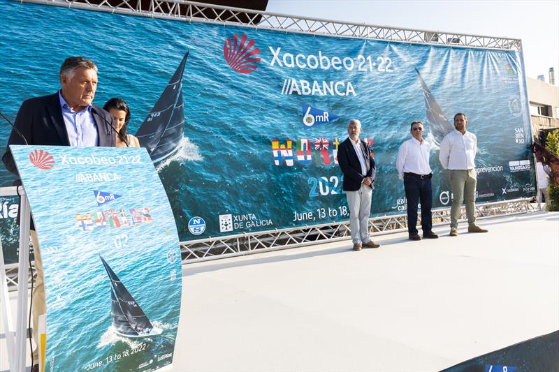 Telmo Martín , Mayor of Sanxenxo speaks as the Xacobeo 6mR Worlds 2022 opens in Sanxenxo photo copyright María Muiña / Xacobeo 6mR Worlds taken at Real Club Nautico de Sanxenxo and featuring the 6m class