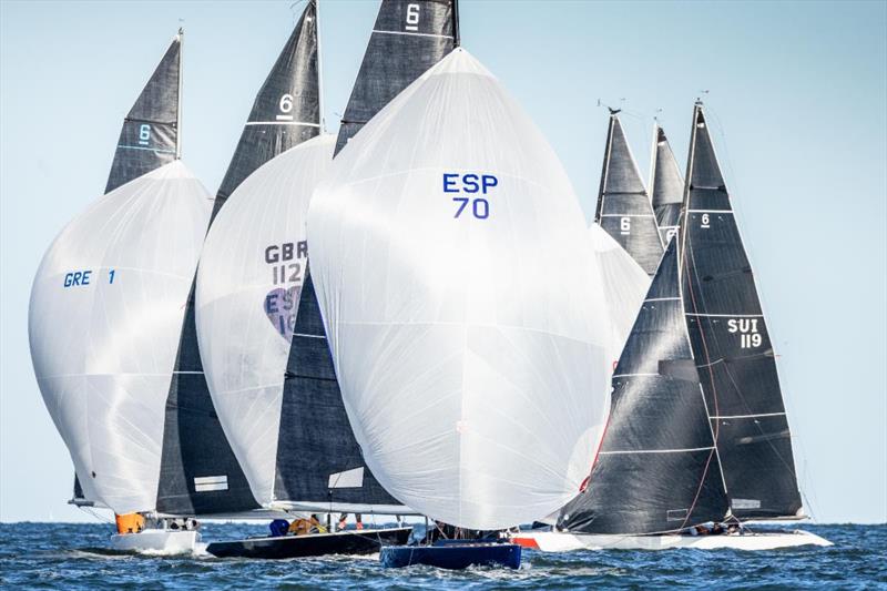 Six Metres against the New York City skyline during practice racing for the 2025 Six Metre World Championship at Seawanhaka Corinthian Yacht Club - photo © SailingShots by Maria Muiña