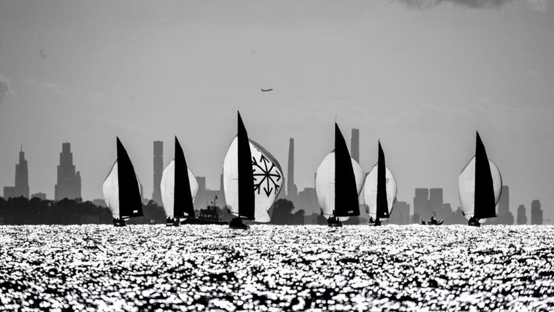 Six Metres against the New York City skyline during practice racing for the 2025 Six Metre World Championship at Seawanhaka Corinthian Yacht Club photo copyright SailingShots by Maria Muiña taken at Seawanhaka Corinthian Yacht Club and featuring the 6m class